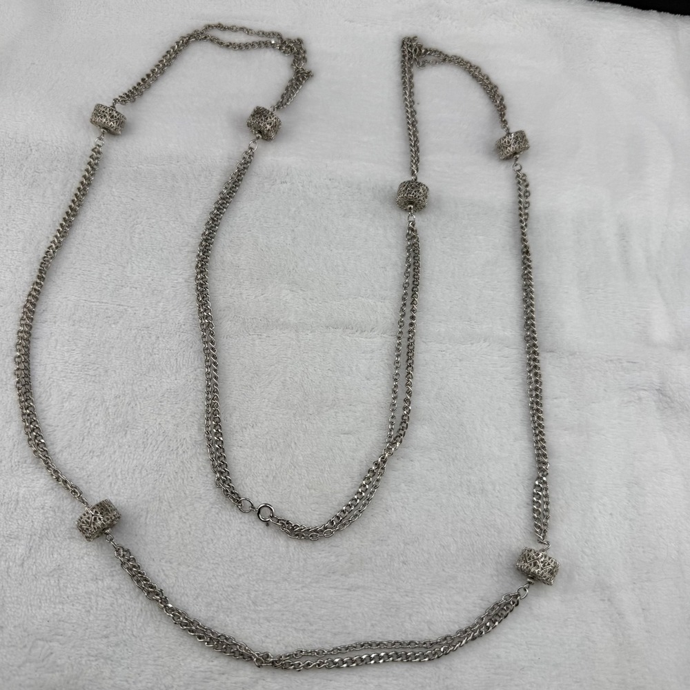 Vintage Estate Necklace Silver Tone Flapper Opera Chain Filigree 38in